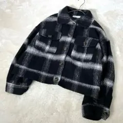 a729　WEGO　ウィゴー　クロップドジャケット　F　黒×白　毛混　チェック