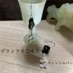 ブラックオニキスとカレンシルバー渦巻パーツ　サージカルステンレスピアス