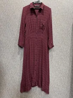 ZARA バーガンディ チェック柄 シャツワンピース