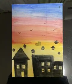 手描きイラスト 夕暮れの街並み 水彩画
