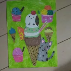 手描きイラスト 猫とアイスクリームのアート作品