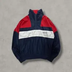 90s古着adidas トレフォイル刺繍 ハーフジップ ナイロンジャケット