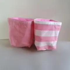 布バスケット ピンク ストライプ ハンドメイド