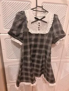 チェック柄 レースフリル リボン ミニワンピース
