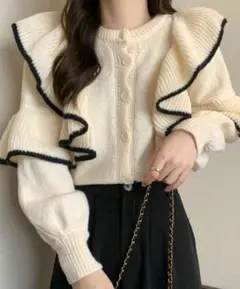 SHEIN アイボリー フリル付きニット カーディガン ガーリー 韓国 可愛い