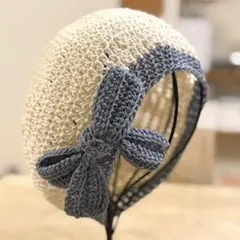 リボン付きベレー帽　コットン　アイボリー　くすみブルー