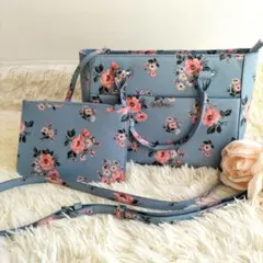 未使用品級☆キャスキッドソン　2way花柄ショルダートートバッグポーチ付き　水色
