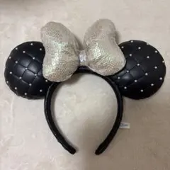 ミニーカチューシャ 黒レザー×スパンコールホワイト