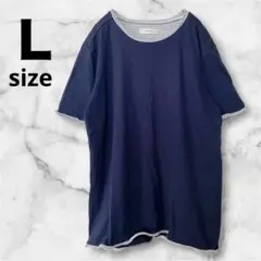 【GLOBAL WORK】レイヤード風 クルーネックTシャツ（ネイビー / L）