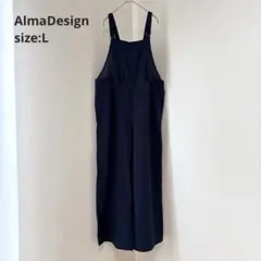 【AlmaDesign アルマデザイン】（L）麻混オーバーオール サロペット 紺