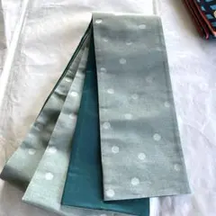 水玉模様 半幅帯 薄いグリーンにシルバーの水玉