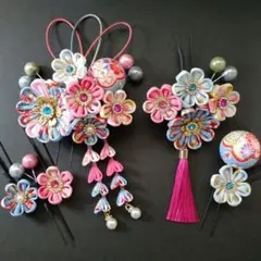 七五三髪飾り　水色 ピンク　つまみ細工　3歳　7歳　和装　髪飾り