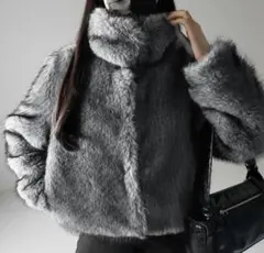 me+em select スタンドカラーミックスファーショートコート グレー