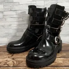 【23.5cm】ZARA レザーブーツ カットアウト バックル 厚底 未使用