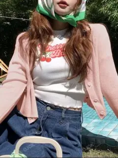 ピンク リブ編み クロップドカーディガン