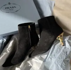PRADA プラダ スエード ビジュー ショートブーツ 37 黒 1T985H
