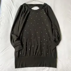 【コルザ】チュニック ミニワンピース ラインストーン バックリボン 長袖 L