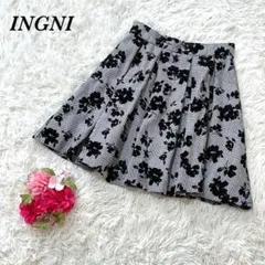 イング フレアスカート M グレー/ブラック 花柄 チェック柄 Aライン 上品