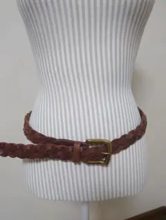 ブラウン レザー 編み込みベルト ゴールドバックル