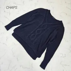 チャップス CHAPS アラン模様 Vネックコットンニット 古着 L ネイビーのサムネイル