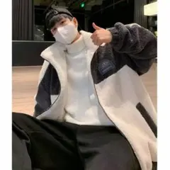 ブルゾン ボア ジャケット コート ロゴ もこもこ 韓国 ベージュダークネイビー