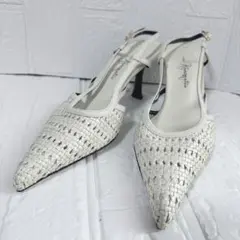 銀座かねまつ パンプス 23D ホワイト メッシュ ストラップ ミュール ヒール