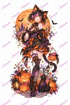 橙月の黒猫ハロウィン少女｜人物ステッカー3枚