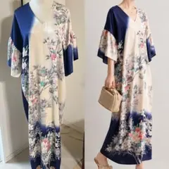 No.286着物リメイク　Vネックコクーンシルエットワンピース　手描き　椿　金彩 No.286着物リメイク Vネックコクーンシルエットワンピース 手描き 椿