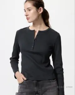 UNIQLO リブヘンリーネック 長袖Tシャツ S