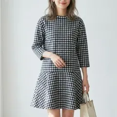 【美品】E hyphen ギンガムチェック Aラインワンピース F 七分袖 黒白のサムネイル