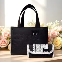 ハンドメイド トートバッグ＆長財布セット　黒猫の肉球　帆布　レース