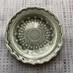 わかさま陶芸　グリーン　グレー　フレンチレース　プレート　皿　益子焼