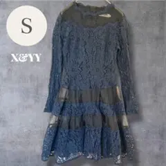 総レース パーティードレス ミニ丈 長袖 紺 透けチュール切替 結婚式 二次会