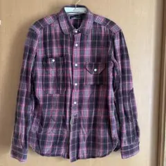 BEAMS HEART 長袖シャツ ピンク・ブラウンチェック前開き