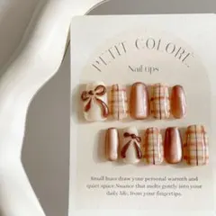 人気No.01 ネイルチップ　ニュアンスネイル リボン　チェック　マグネット