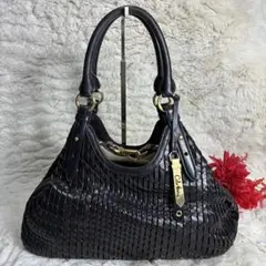 コールハーン　ハンドバッグ　ショルダー　肩掛け　イントレ　編み込み　黒