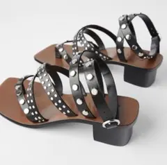 新品☆ZARA ザラ スタッズ付き本革レザーサンダル black