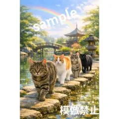 猫の散歩道 空 デジタルアート A4 風景画 水彩画風 茶トラ キジトラ