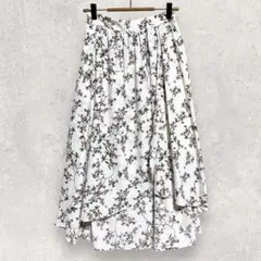 花柄 スカート M相当 白 フレア ひざ丈 上品 きれいめ ミモレ丈 総柄