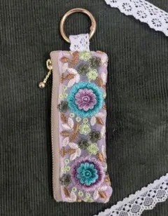 【ハンドメイド】インド刺繍リボンのミニポーチ キーリング付き