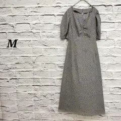 【M】 五分袖ロングワンピース 花柄 Vネックギャザー バックレースアップ
