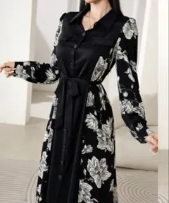 SHEIN モノトーン花柄ロングワンピース