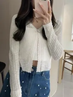 GRL グレイル リボンボタンシアーニットカーディガン[dk1196] ホワイト