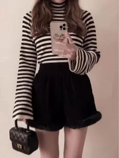 ボーダー柄フレアスリーブリブニットトップス　グレイル　grl