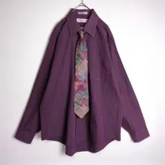 ネクタイシャツ (2XL相当) 大きめ ネクタイ付 ゆるだぼ 紫系 古着