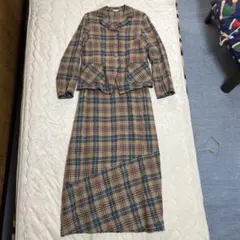 チェック柄ジャケット＆ロングスカートセットアップ 日本製 古着