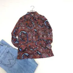 柄シャツ☆ブラウス　レッド ブラウン系☆総柄　前開き ポリ　コア　派手　個性的