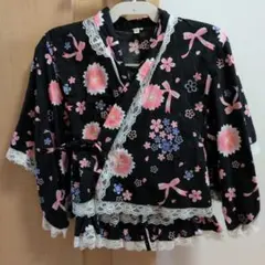 キッズ 浴衣ドレス 黒 花柄 レース付き