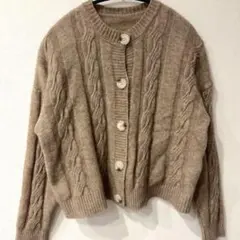JUNOAH ケーブルニットカーディガン 長袖 M モカ ベージュ系