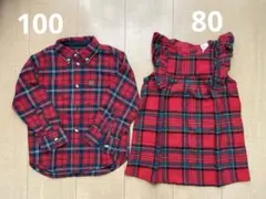 クリスマス　リンクコーデ兄妹 100 80 赤チェックワンピース